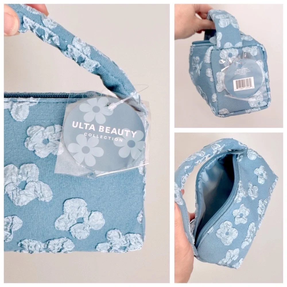 Ulta Beauty Denim Floral Stuffed Cosmetic & Make-Up Bag BUNDLE, Travel Samples